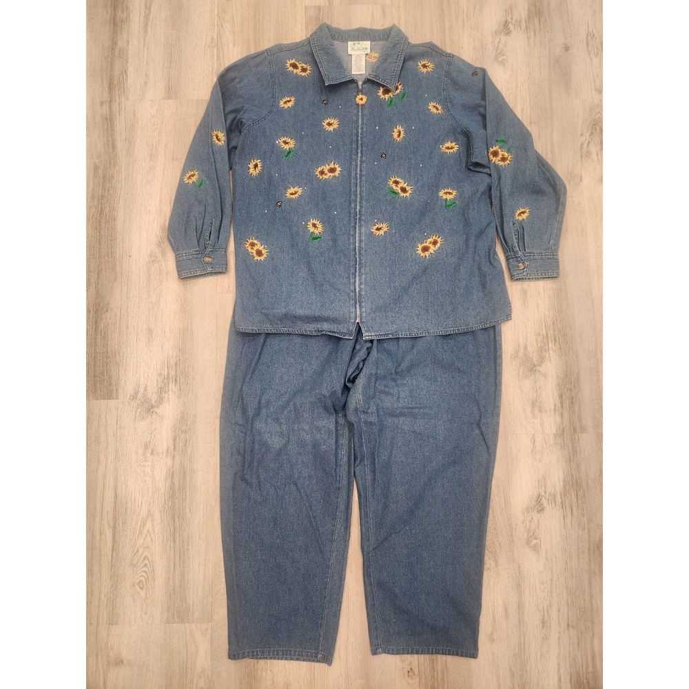 The Quaker Factory Denim Embroidered Sunflowers & Bees Jacket & Pants Lot Sz. 2X